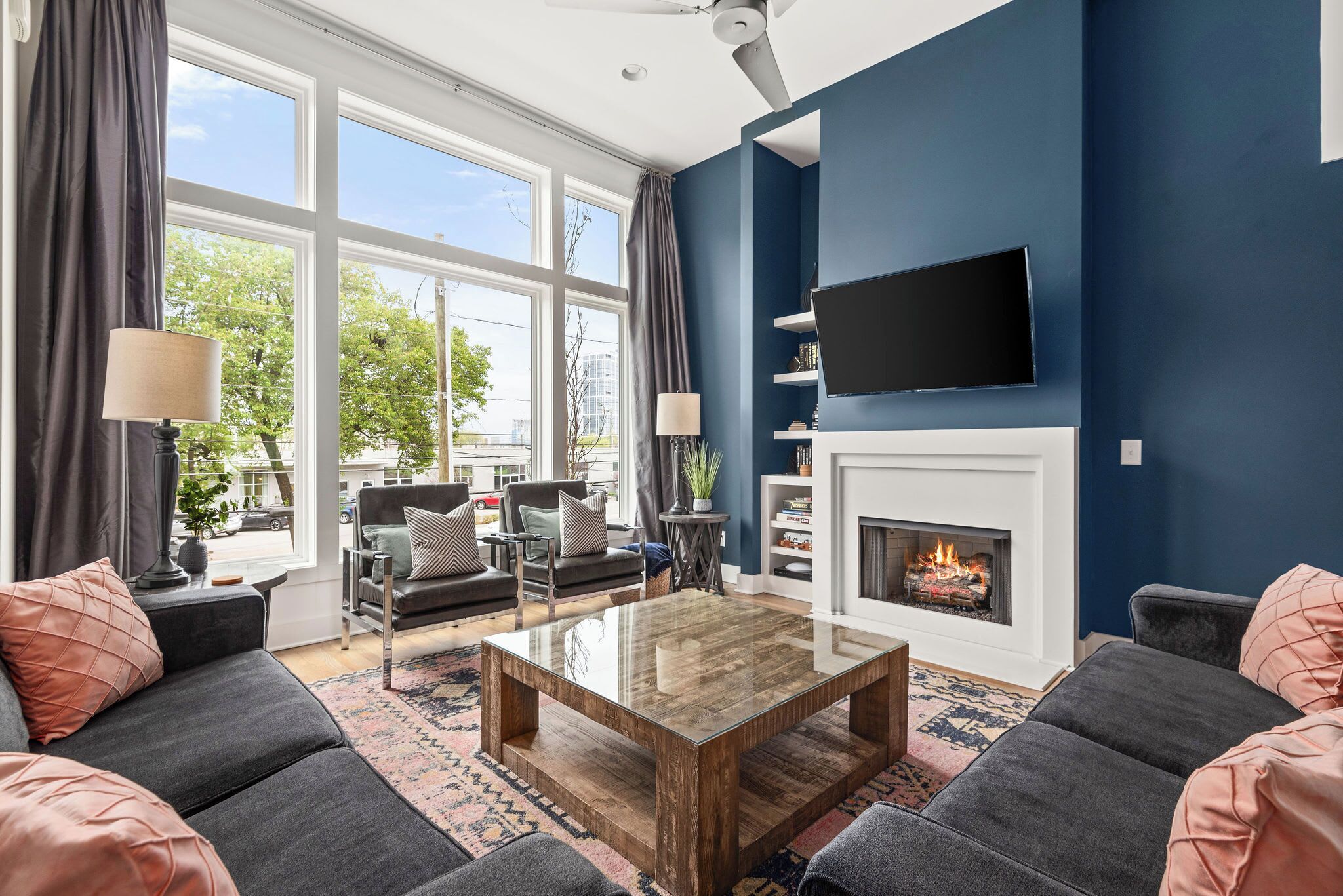 TV, fireplace, offices