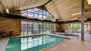 Ein Hallenbad mit Holzwänden und großen Fenstern.