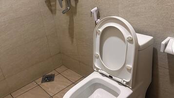 Shower, free toiletries, towels, soap