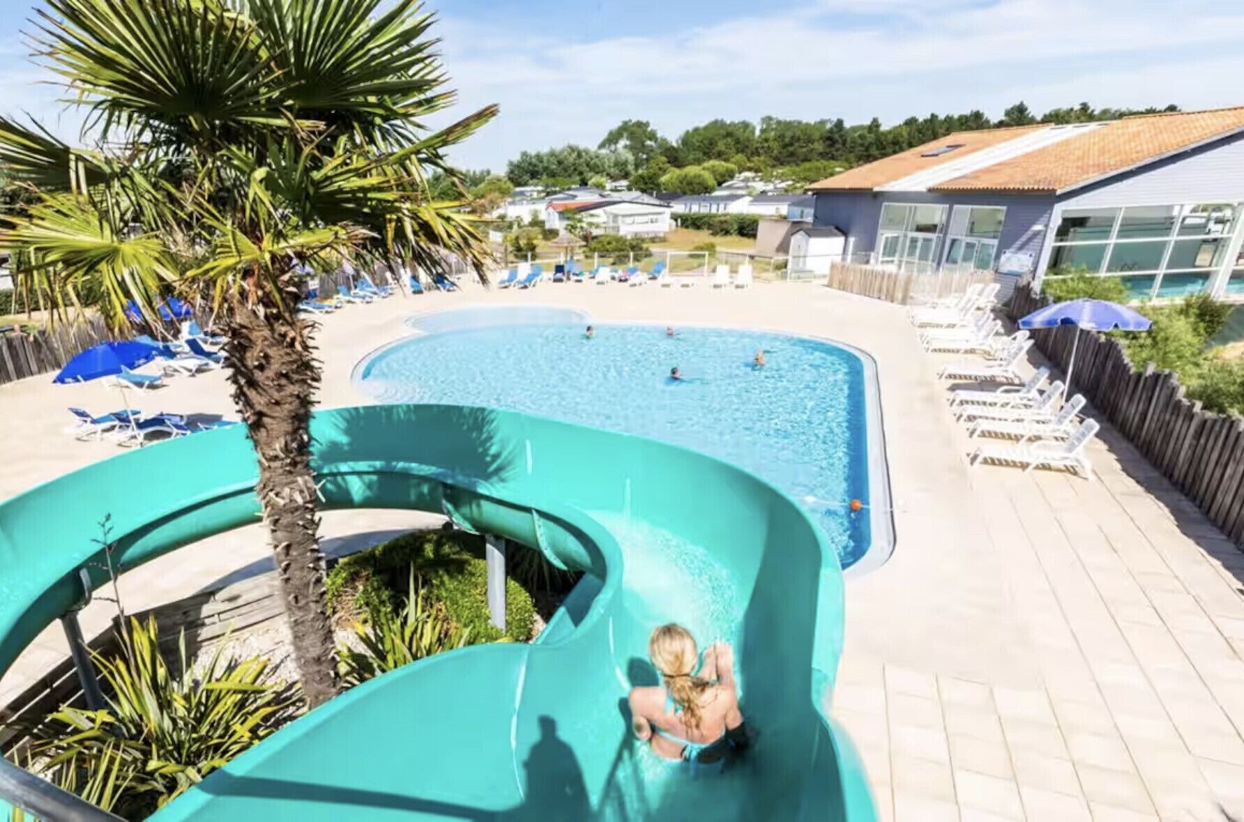 Une piscine avec un toboggan, des chaises longues et un palmier.