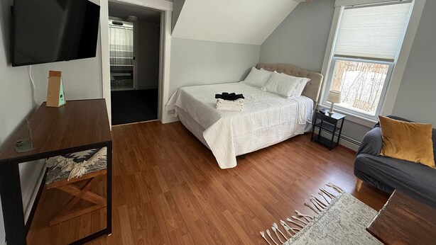 A bedroom with a bed, a TV, a ceiling fan, a window, and a door leading to a closet. - Littleton: Walk to Downtown, Adventure All Year (Littleton)