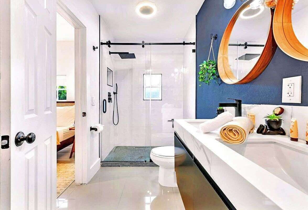 Shower, hair dryer, shampoo