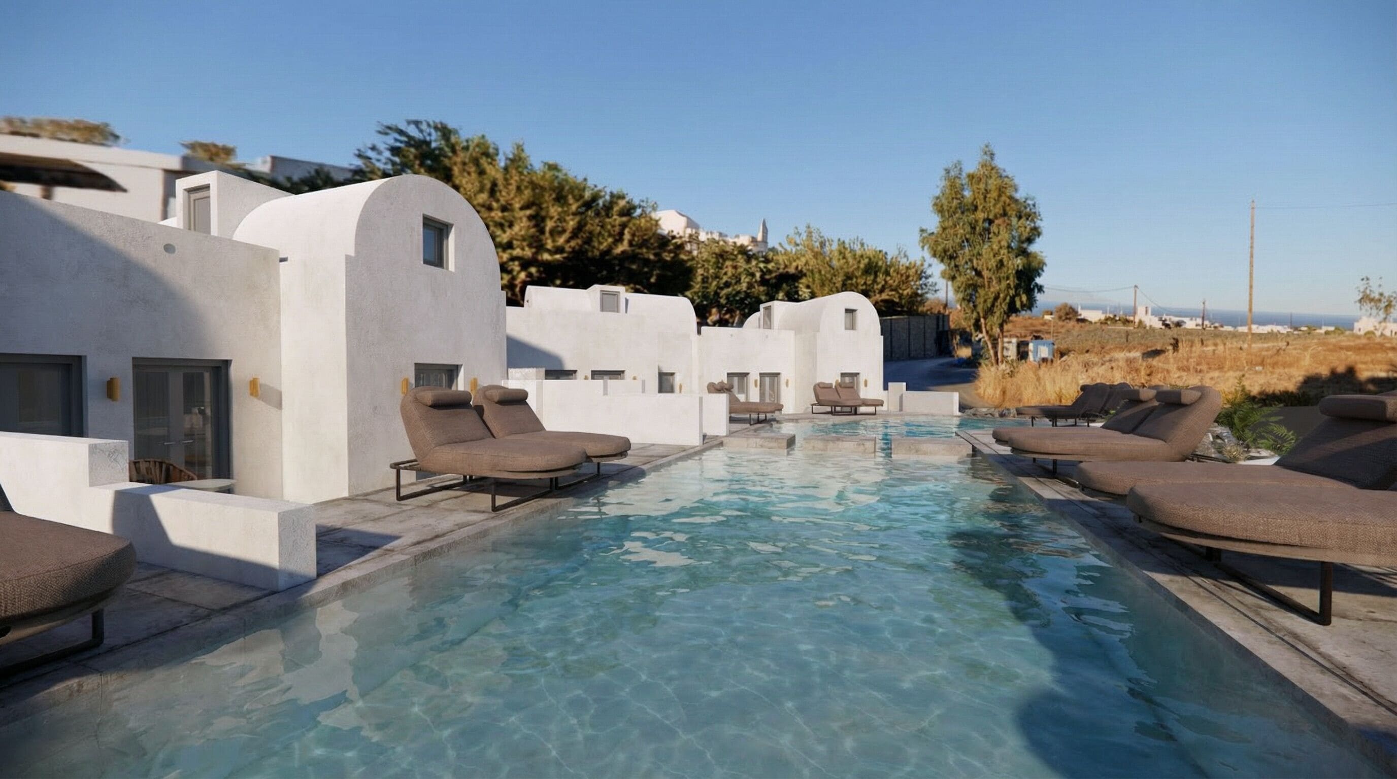 Outdoor pool, pool umbrellas, pool loungers