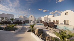 Outdoor pool, pool umbrellas, sun loungers - Maiandros Suites (Karterádos)