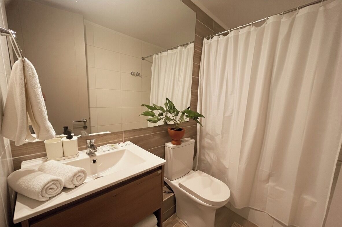 A bathroom with a sink, toilet, and shower curtain.