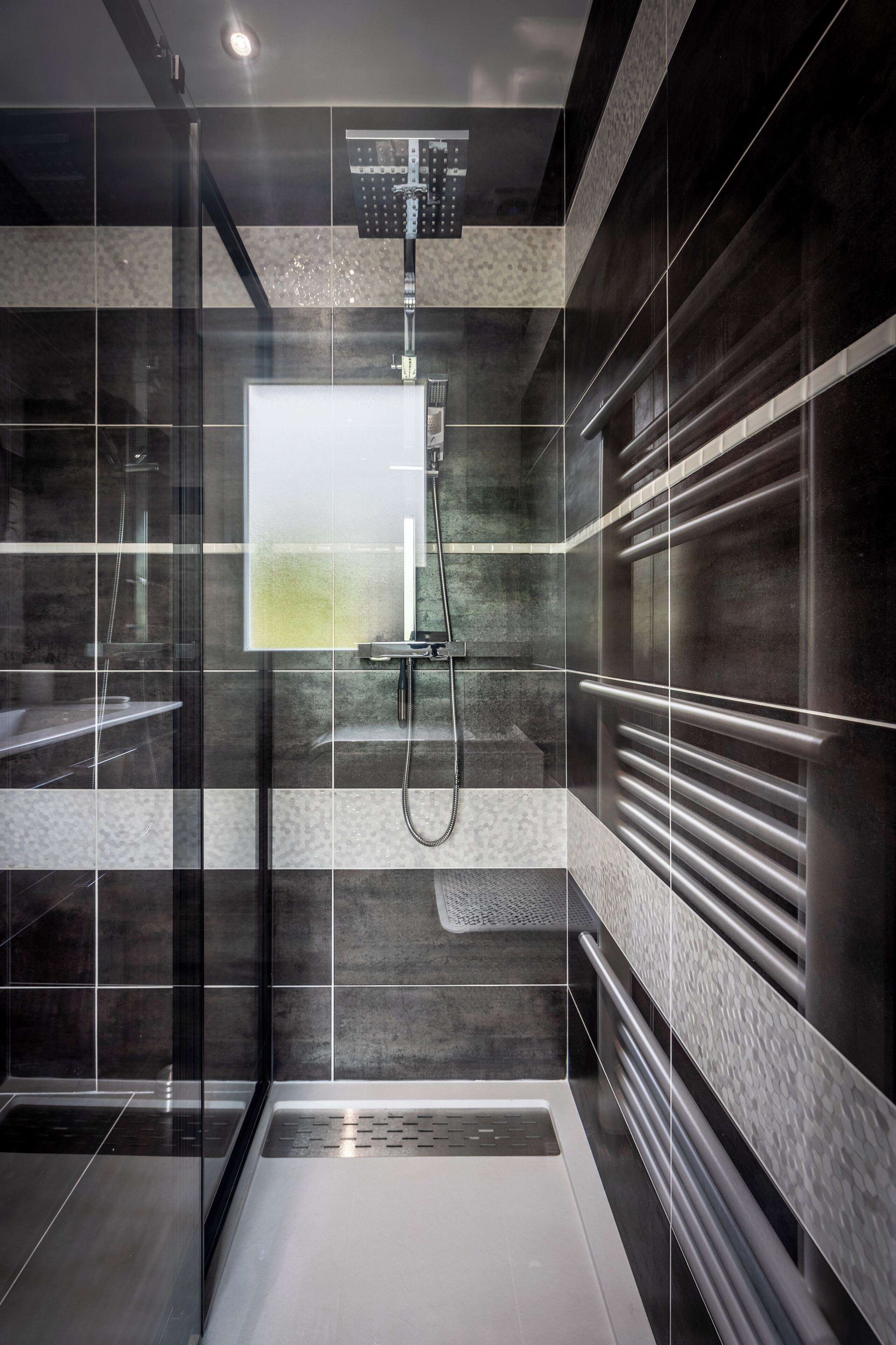 Shower, hair dryer, towels, toilet paper