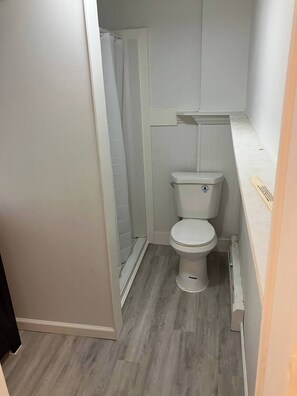 Regadera, toallas, papel de baño 