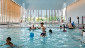 Una piscina interior con vistas despejadas al exterior, techo alto y diseño arquitectónico moderno.