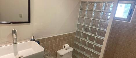 Shower, towels, soap, toilet paper