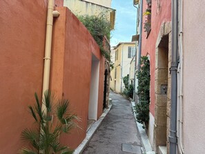 Un stretto vicolo tra edifici, con un muro beige alla sinistra e un muro rosa alla destra, entrambi con tubature e vegetazione.
