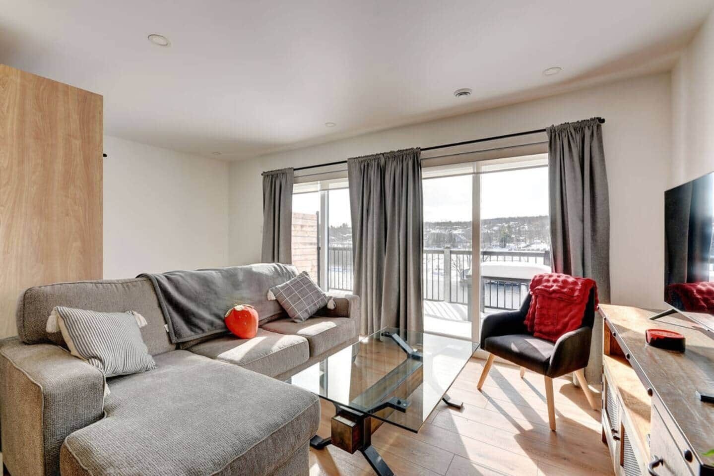 View of the living room with pull-out couch (queen sized bed)
