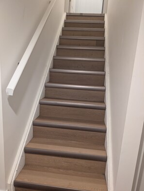 A staircase with wooden steps and white handrails.