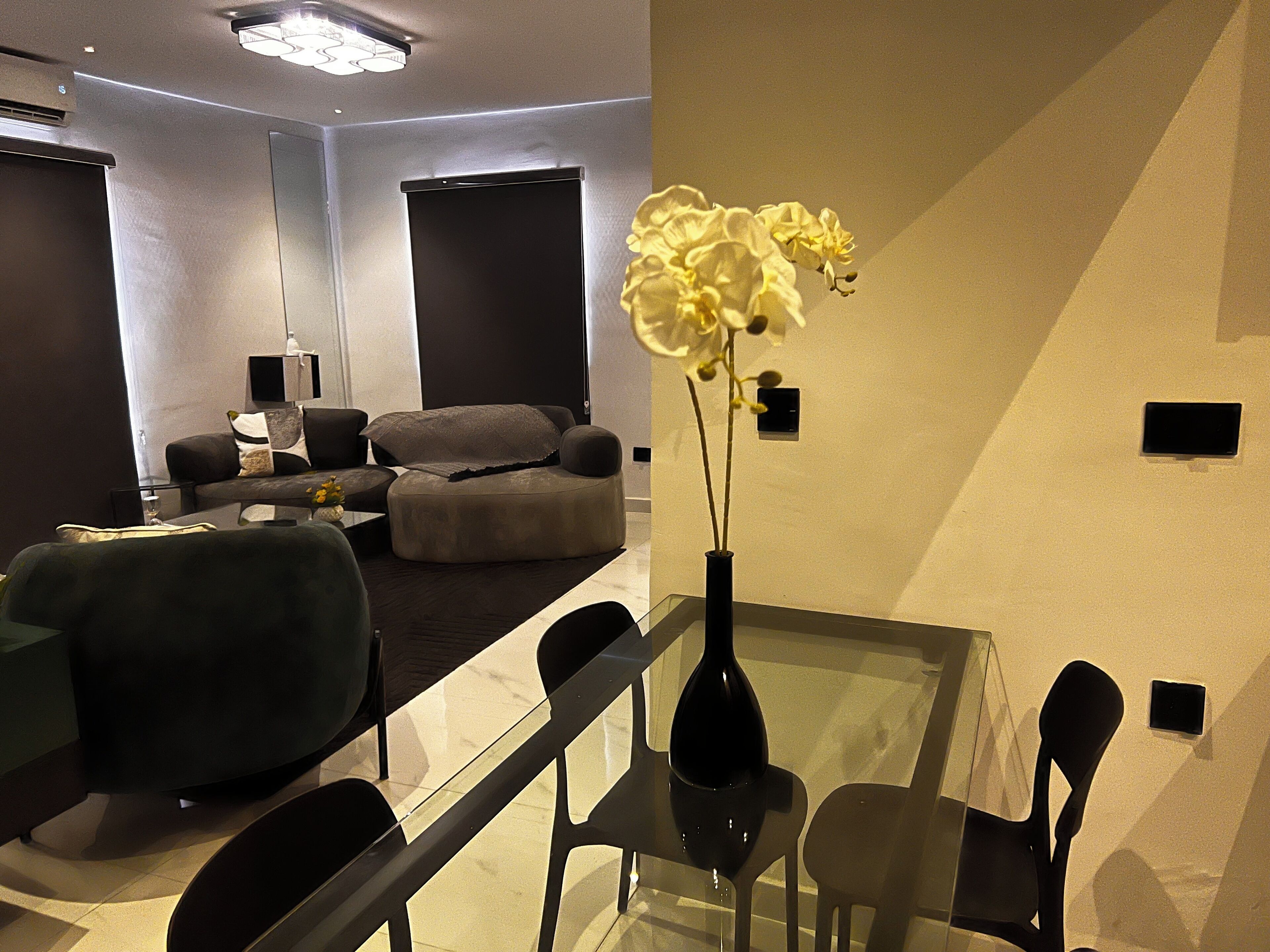 A modern living room with a glass dining table, a sofa, and a chair. There is a vase with flowers on the table.