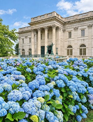 A classical building with a symmetrical facade, large columns, and a central entrance with a green door. - Elegant retreat, 10 min. from Newport; game room, fire pit, & huge deck! (Jamestown)