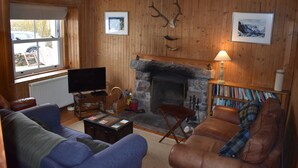 A cozy living room with a fireplace, leather sofas, a television, and wooden walls.