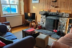 Smart TV, fireplace, DVD player, books