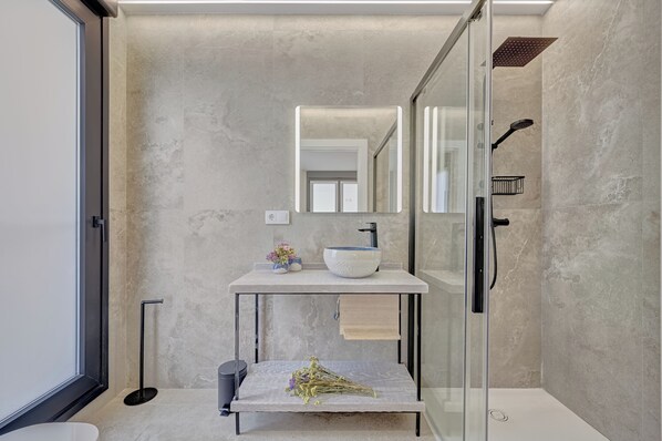 Shower, hair dryer, bidet, towels