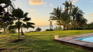 A pool area with a wooden deck, surrounded by grass and palm trees, overlooking a body of water.