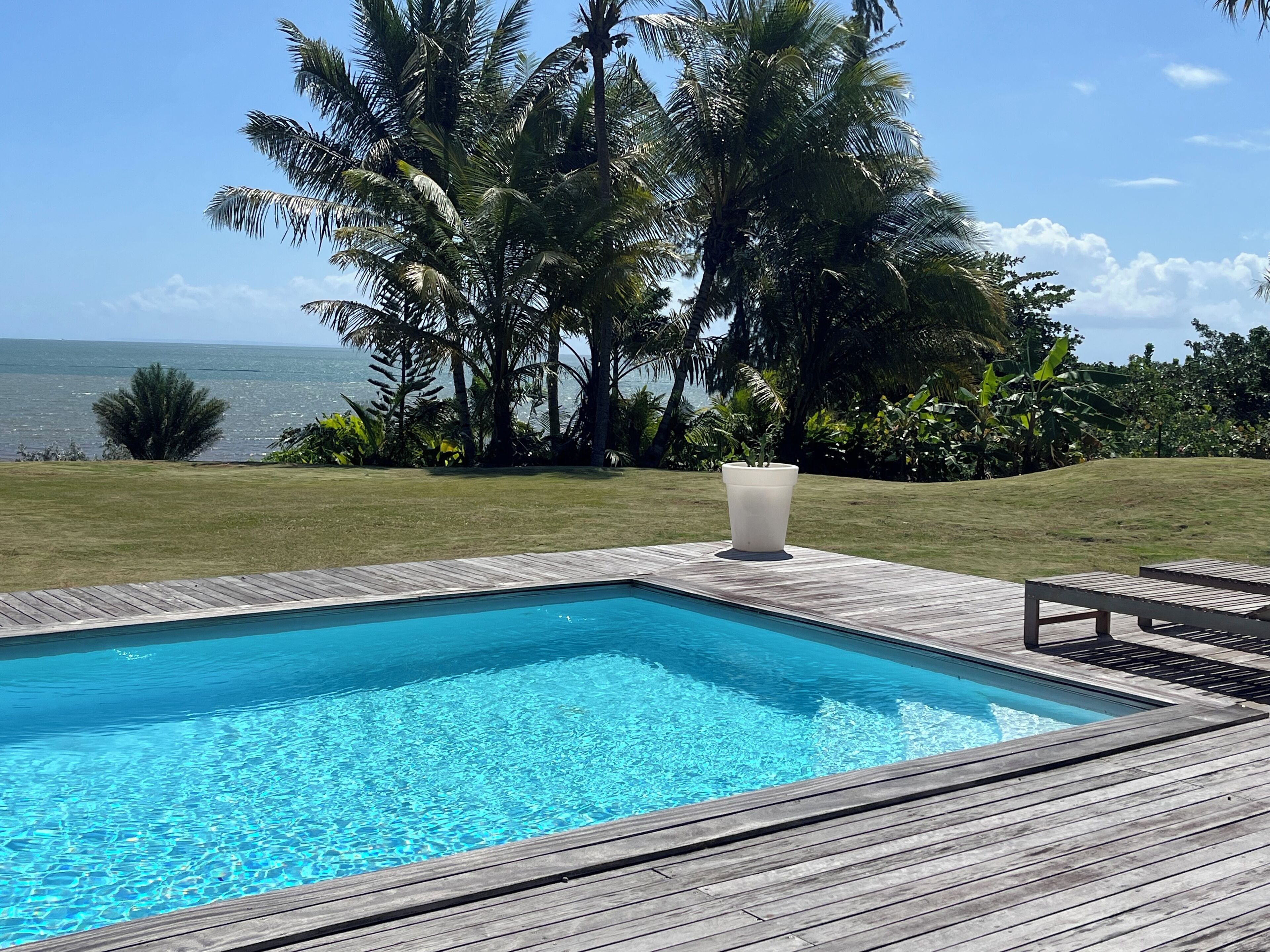 Une piscine rectangulaire à l’eau d’un bleu cristallin, entourée d’une terrasse en bois.