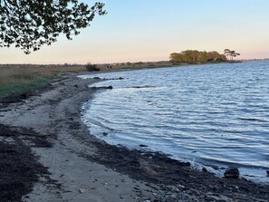 A beach with a sandy shore, calm water, and a distant tree line.