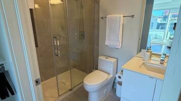 Shower, hair dryer, shampoo