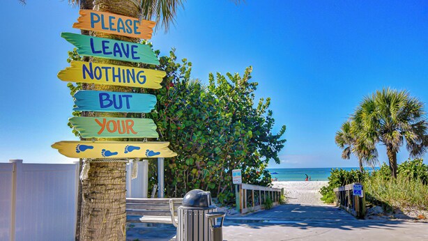 A beachside signpost with colorful arrows and a palm tree. - Terracotta Tides • 175 Steps to Indian Rocks Beach • Sleeps 6 • Sunrise & Sunset (Indian Rocks Beach)