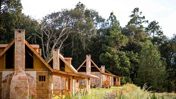 A row of rustic cabins with stone chimneys, surrounded by lush greenery. - Canto del Bosque (Nanacamilpa)