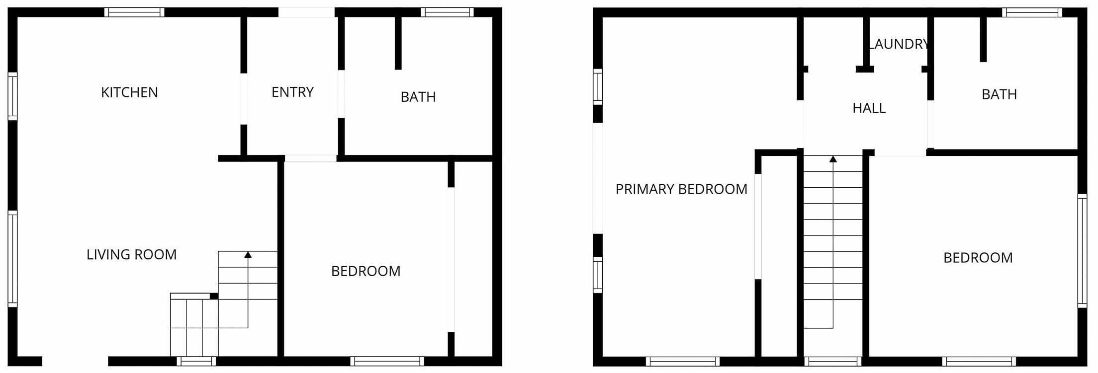 Un plan d’étage d’un appartement de deux chambres, comprenant une cuisine, un salon, un hall d’entrée et une salle de bain.