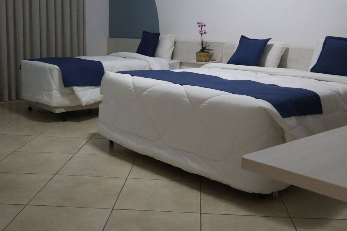 A hotel room with a bed, a sofa, a small table, and a potted plant.