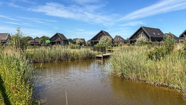 A row of wooden cabins with a pond in the foreground. - Pet friendly home in Witmarsum with WiFi (Witmarsum)