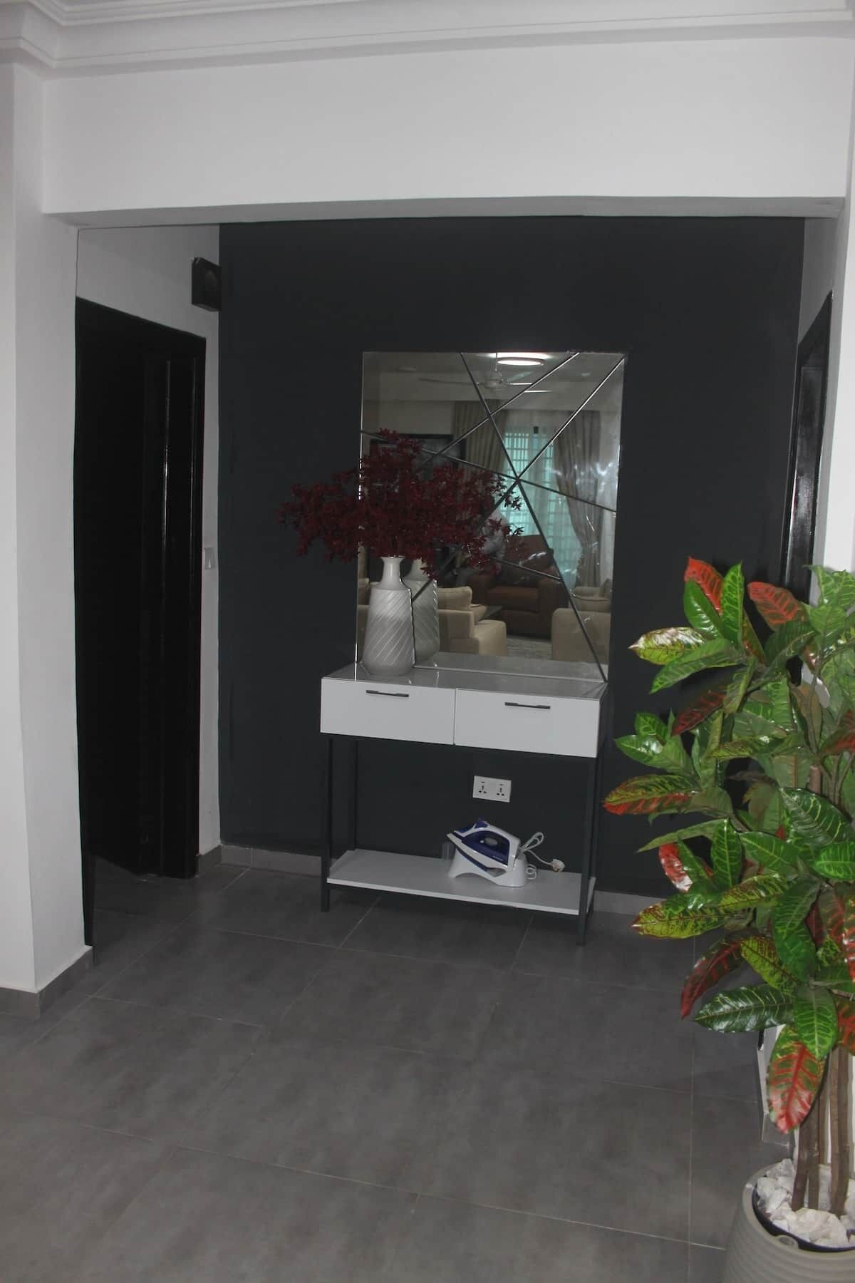 A hallway with a dark wall, a white console table with a mirror, and a potted plant.