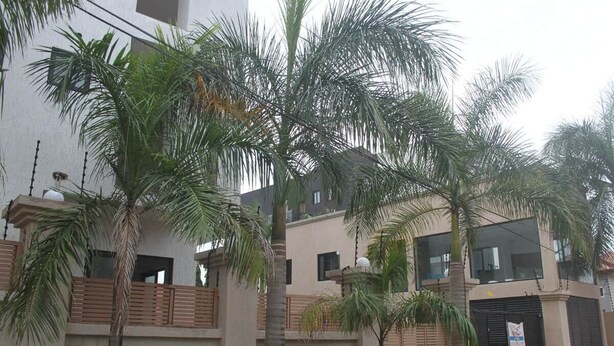 Edifício residencial com várias varandas, palmeiras e portão fechado.