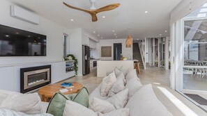 Televisión, chimenea, libros