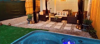 King bed with backyard oasis