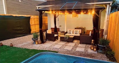 King bed with backyard oasis