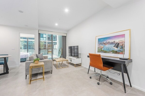 Living area - Chic Modern 1-Bedroom Apartment | Gym | Parking (Lyneham)