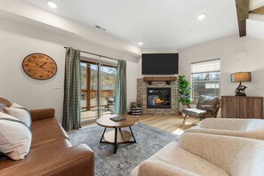 Télévision, cheminée, espaces bureaux