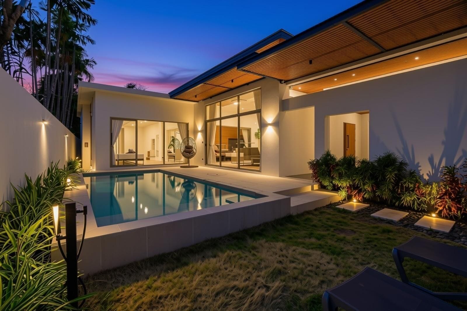 Una casa moderna con piscina, amplios ventanales y un área exterior bien iluminada.