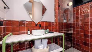 Shower, hair dryer, shampoo