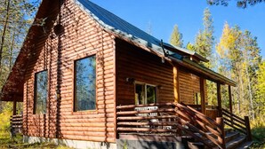 Une cabane en rondins dotée d’une véranda, de grandes fenêtres et offrant une vue dégagée sur la forêt environnante.