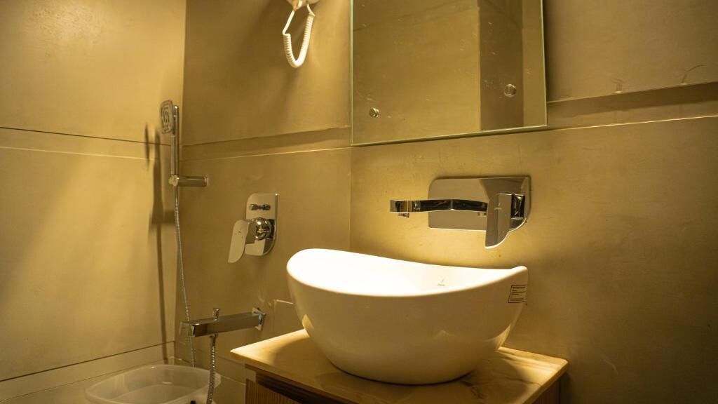 A bathroom with a large, white vessel sink, a handheld showerhead, and a mirror above the sink.