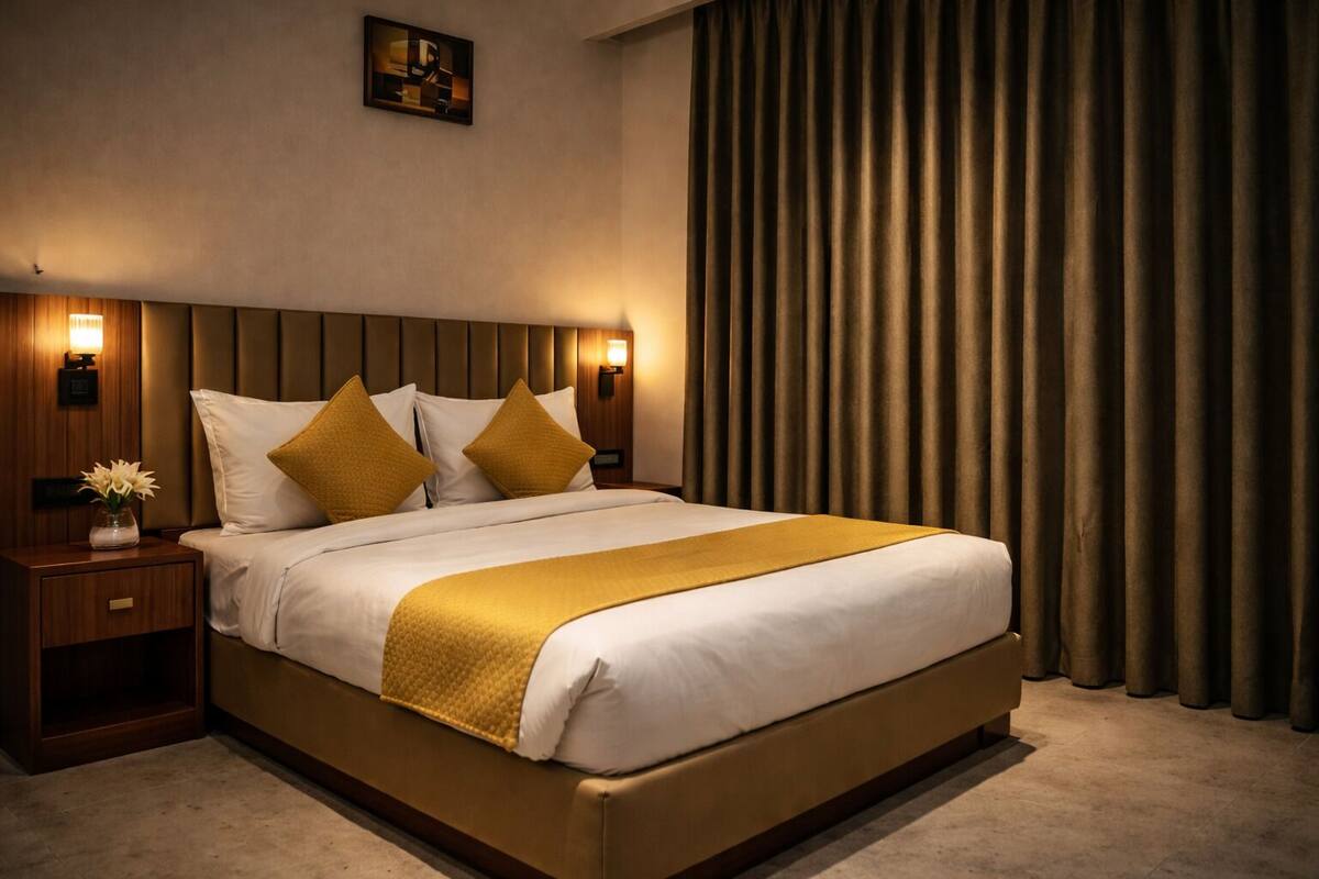 A hotel room with a large bed, two bedside tables, a nightstand, a wall-mounted lamp, and a window with curtains.