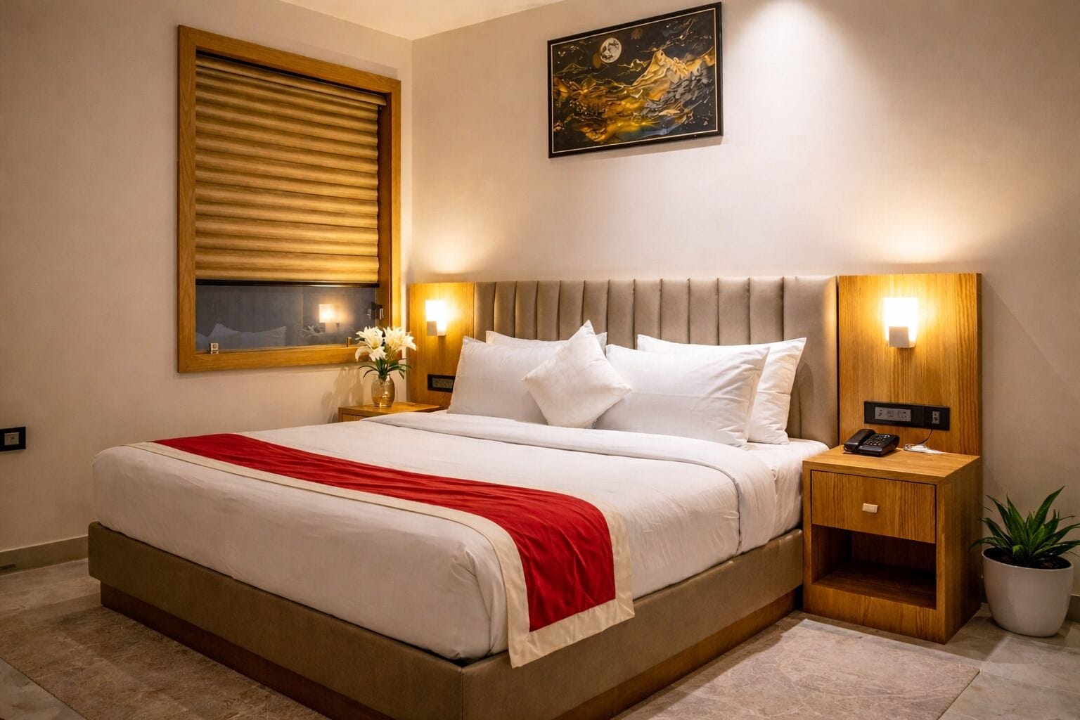 Memory-foam beds, minibar, desk, laptop workspace