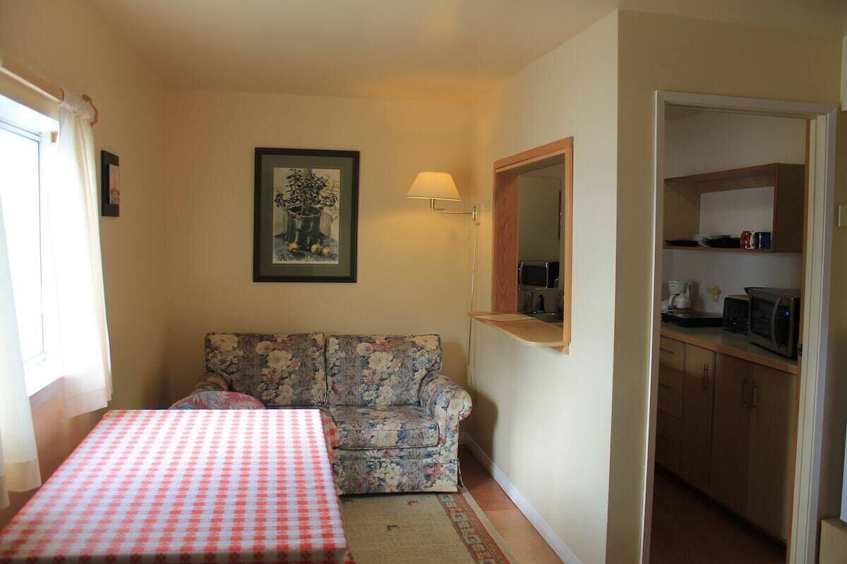 A small room with a checkered table, a floral sofa, a wall-mounted lamp, a framed picture, and a kitchen area with cabinets and appliances.