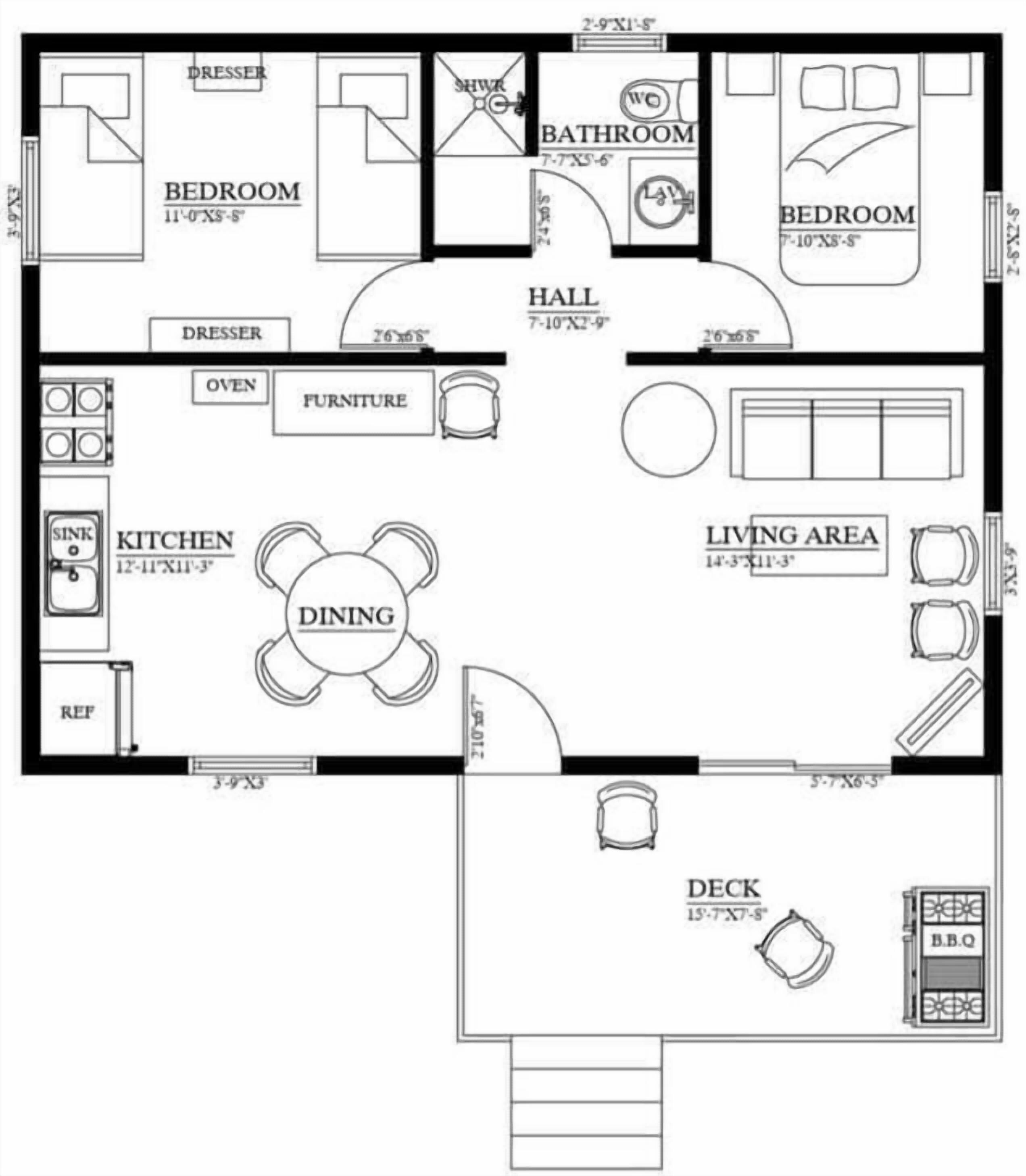 Plano de planta de un hotel con dos dormitorios, un baño, cocina, comedor, sala de estar, vestíbulo y terraza.