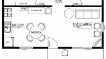 Plano de planta de un hotel con dos dormitorios, un baño, cocina, comedor, sala de estar, vestíbulo y terraza.