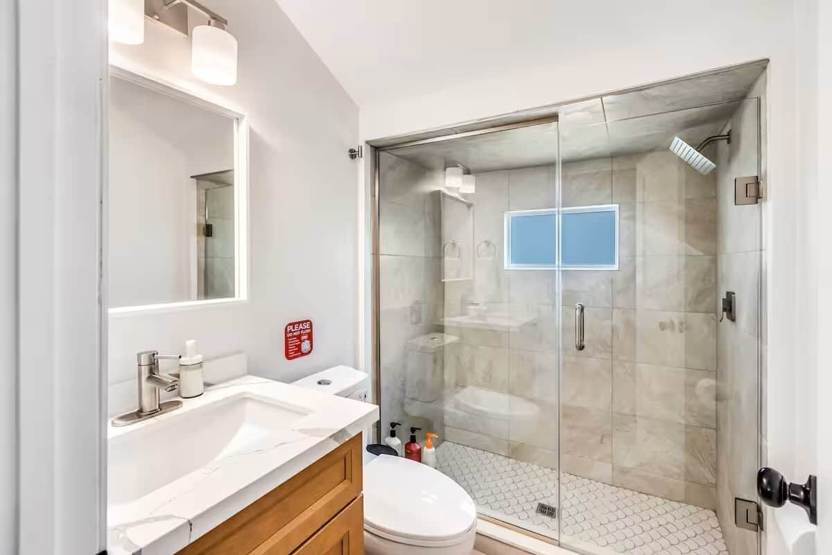 Shower, towels, soap, shampoo
