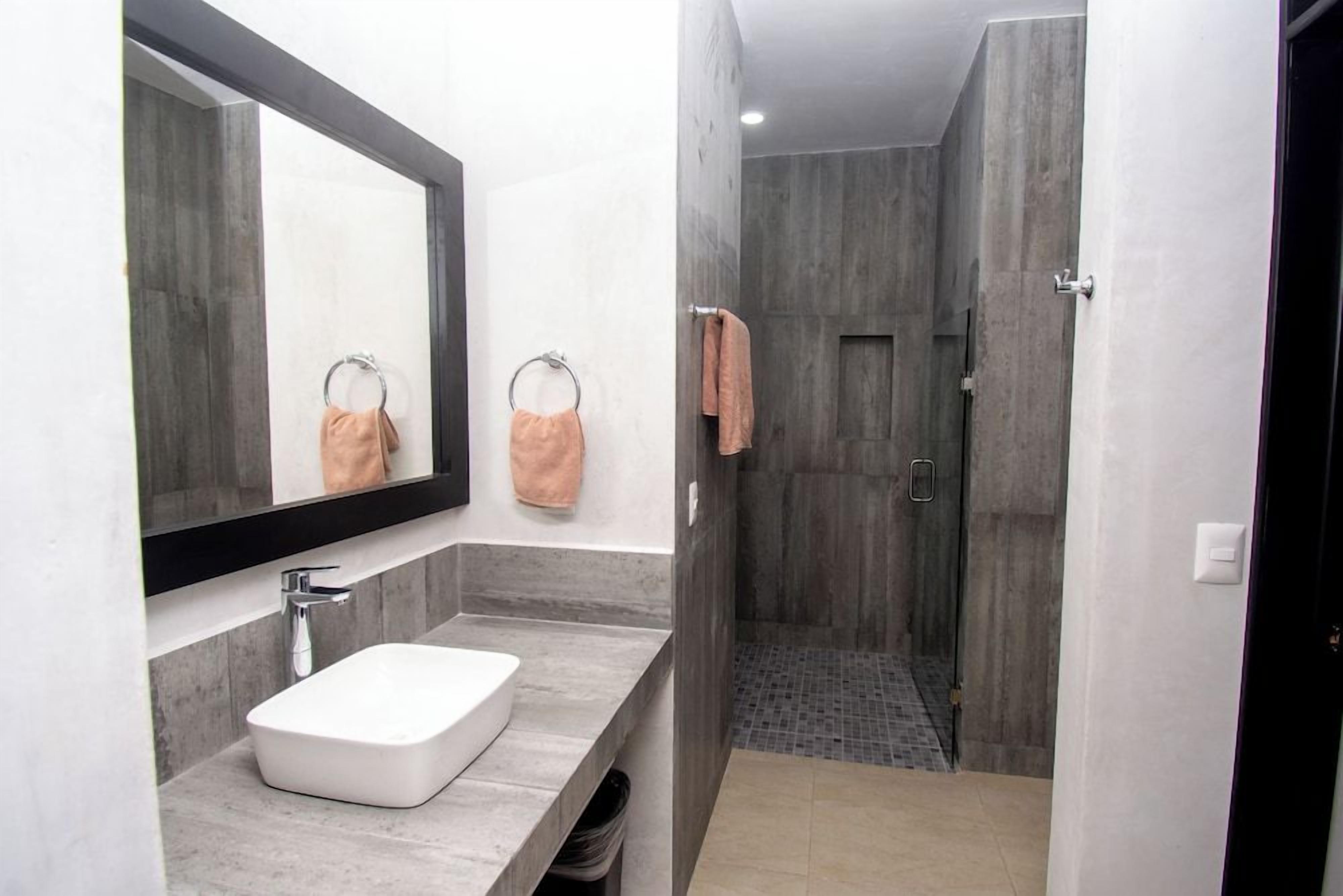 A modern bathroom with a white sink, a large mirror, and a shower area.