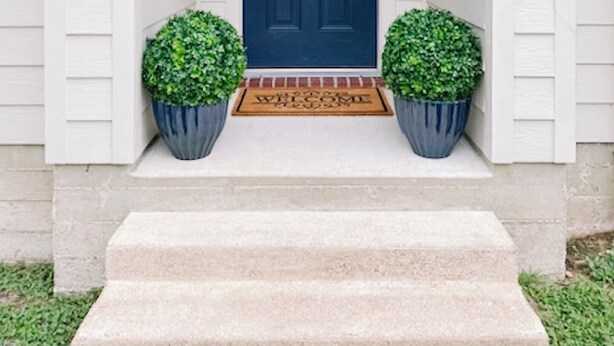 Une porte d’entrée de couleur bleu foncé, flanquée de deux plantes en pot, et un paillasson devant l’entrée.