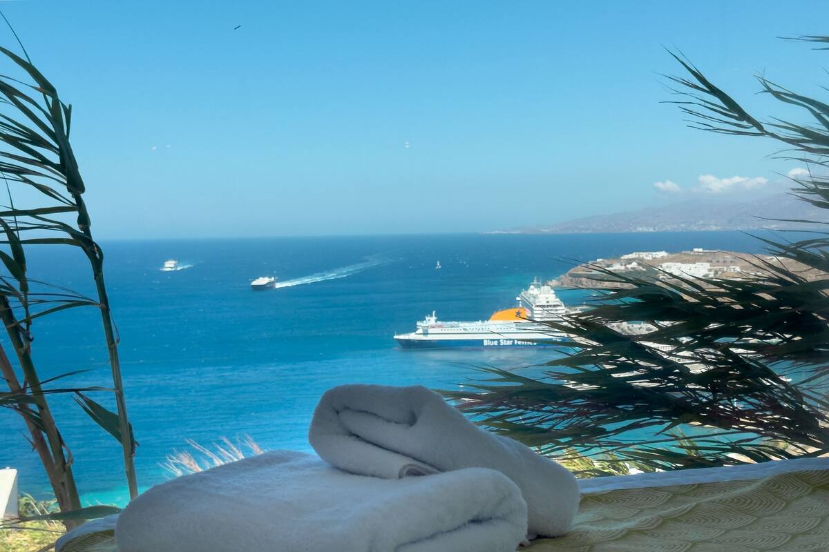 Uitzicht op zee met een cruiseschip, een jacht, palmbomen en een rotsachtige kustlijn.